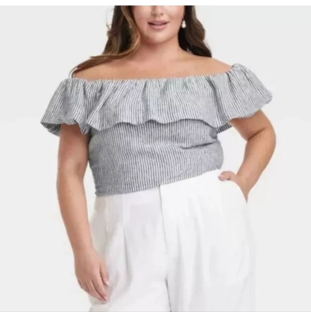 Women's Slim Fit Ruffle Sleeve Off the Shoulder Linen Blouse A New Day Blk/Wh M